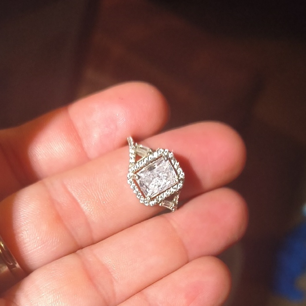 Silver Halo Square-Cut Ring with White Center Stone